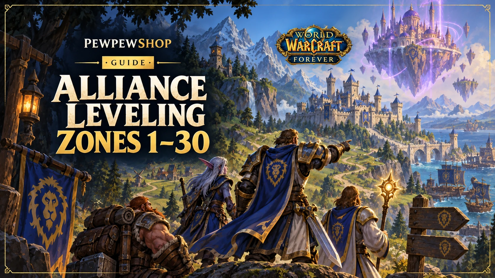 Alliance Leveling Zones 1–30 in WoW: Forever — Route, Dungeons, Skyborne Start — PEWPEWSHOP boosting guide
