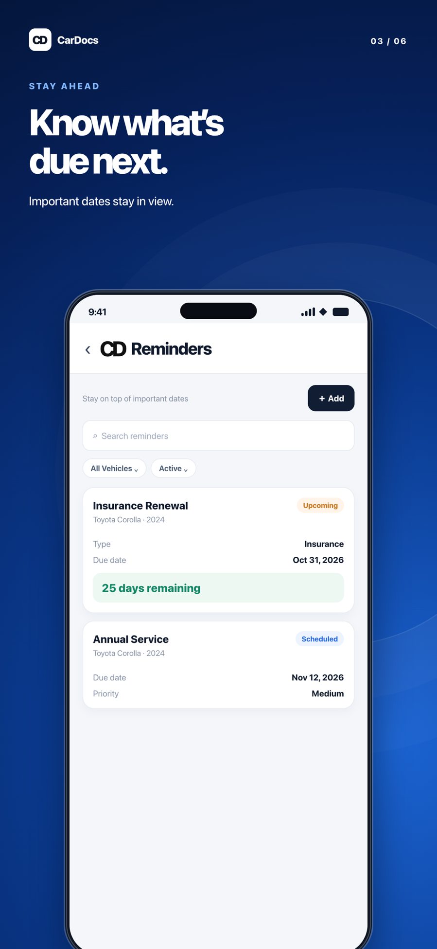 Actual CarDocs reminders screen showing insurance renewal and annual service dates