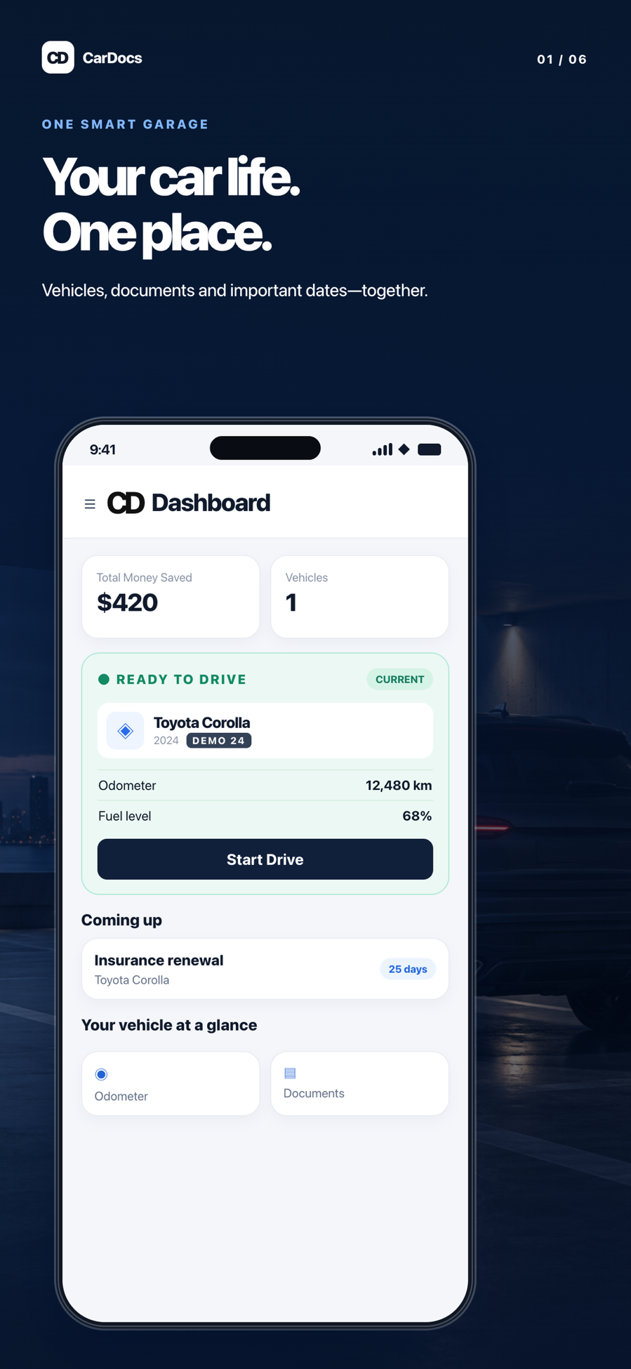 Actual CarDocs dashboard showing a vehicle overview, odometer, and upcoming items