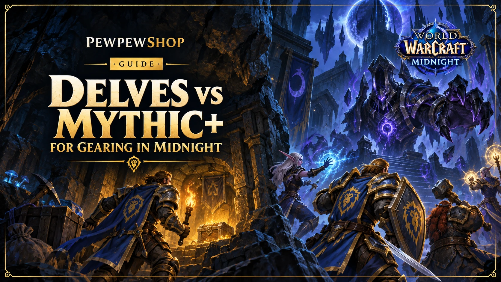 Delves vs Mythic+ for Gearing in Midnight: The Real Item-Level Math — PEWPEWSHOP boosting guide