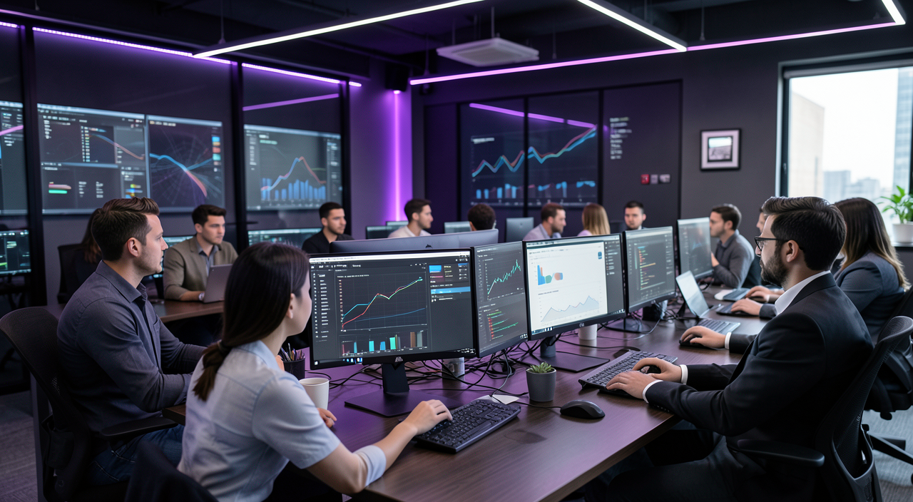 SaaS software team working with analytics dashboards